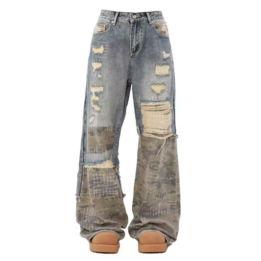 Camouflage Seam Patch Straight Jeans - PWM