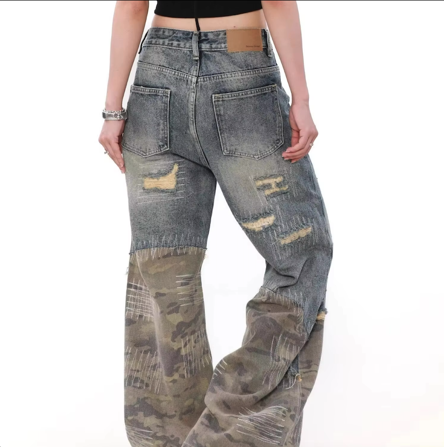 Camouflage Seam Patch Straight Jeans - PWM
