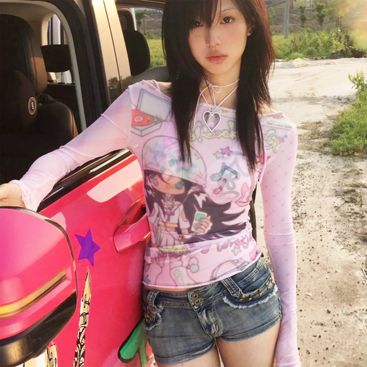 Anime Print Mesh Pink Sheer Top