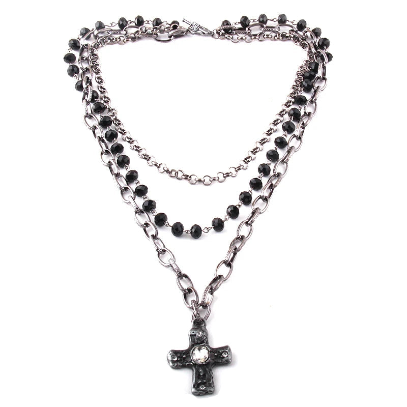 3 Layer Multiple Chain Cross Pendant Necklace