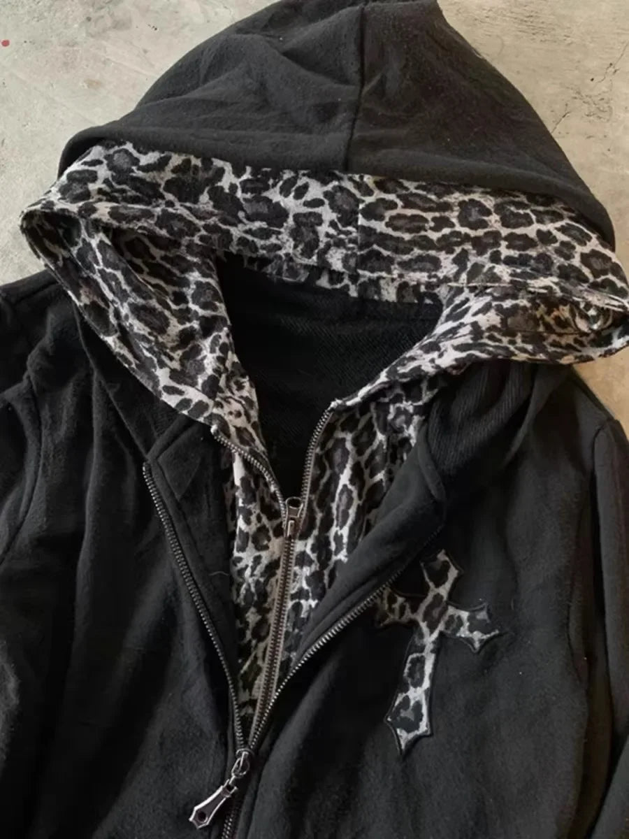 Leopard Print Double Zipper Hoodie