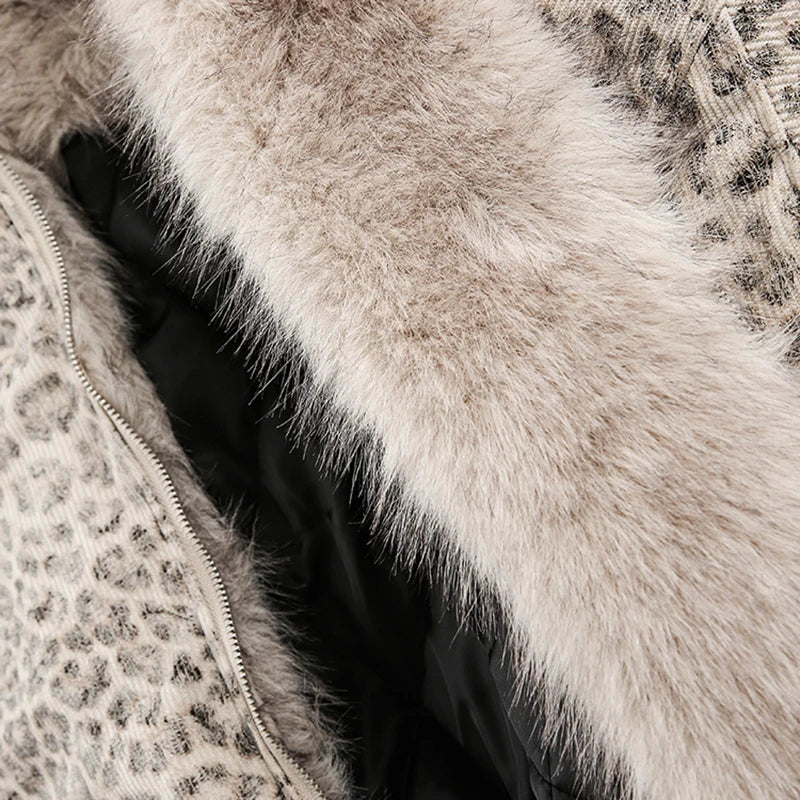 Leopard Print Fur Collar Hooded Jacket - PWM