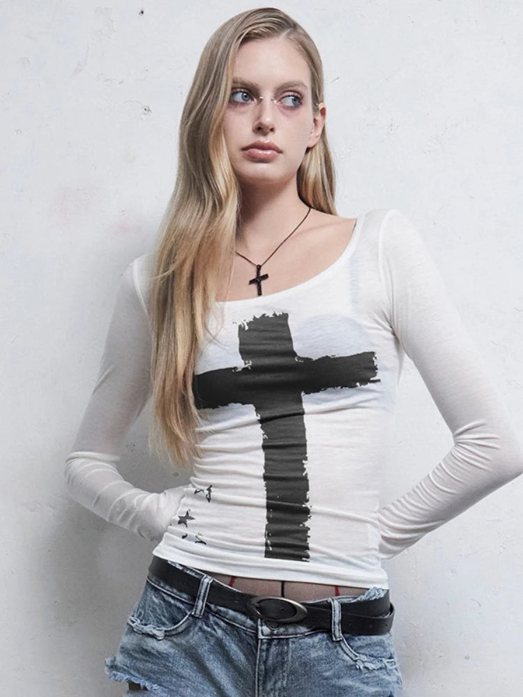 Cross Print Slim Fit Tops - PWM