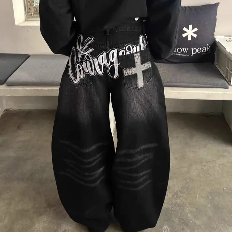 Black Embroidery Washed Baggy Jeans
