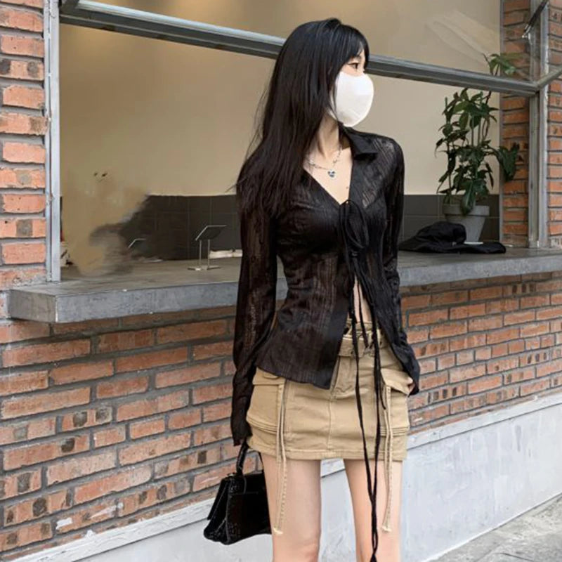 Lace Up Long Sleeve Blouse