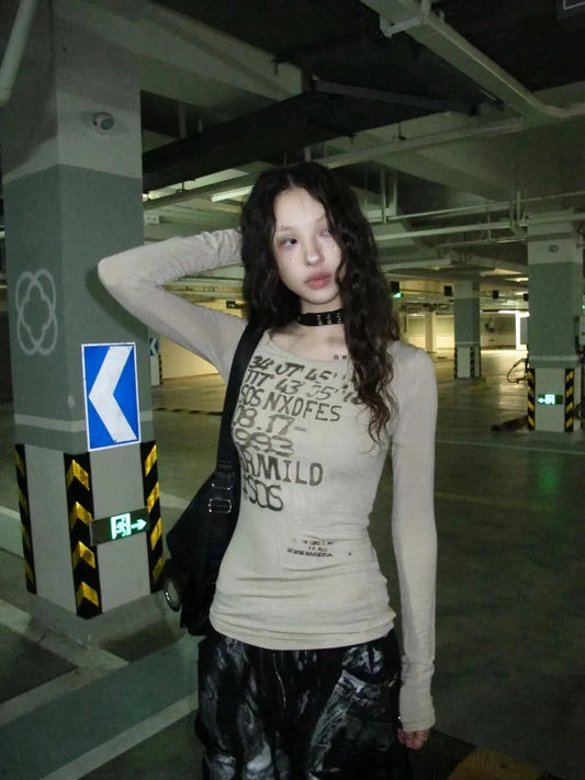 Letter Print Skinny Fit Long Sleeve Top