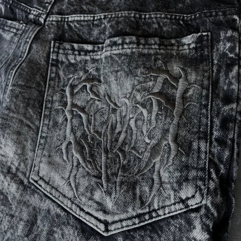 Splicing Embroidery Pattern Baggy Jeans
