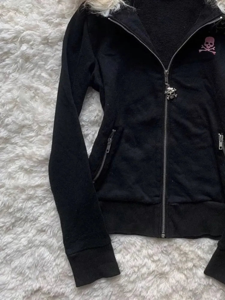 Letter Skull Embroidery Zipper Hoodie