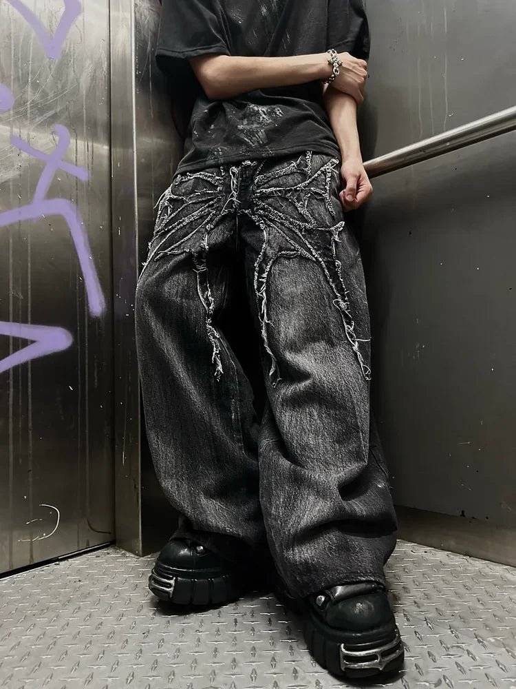 Splicing Embroidery Pattern Baggy Jeans