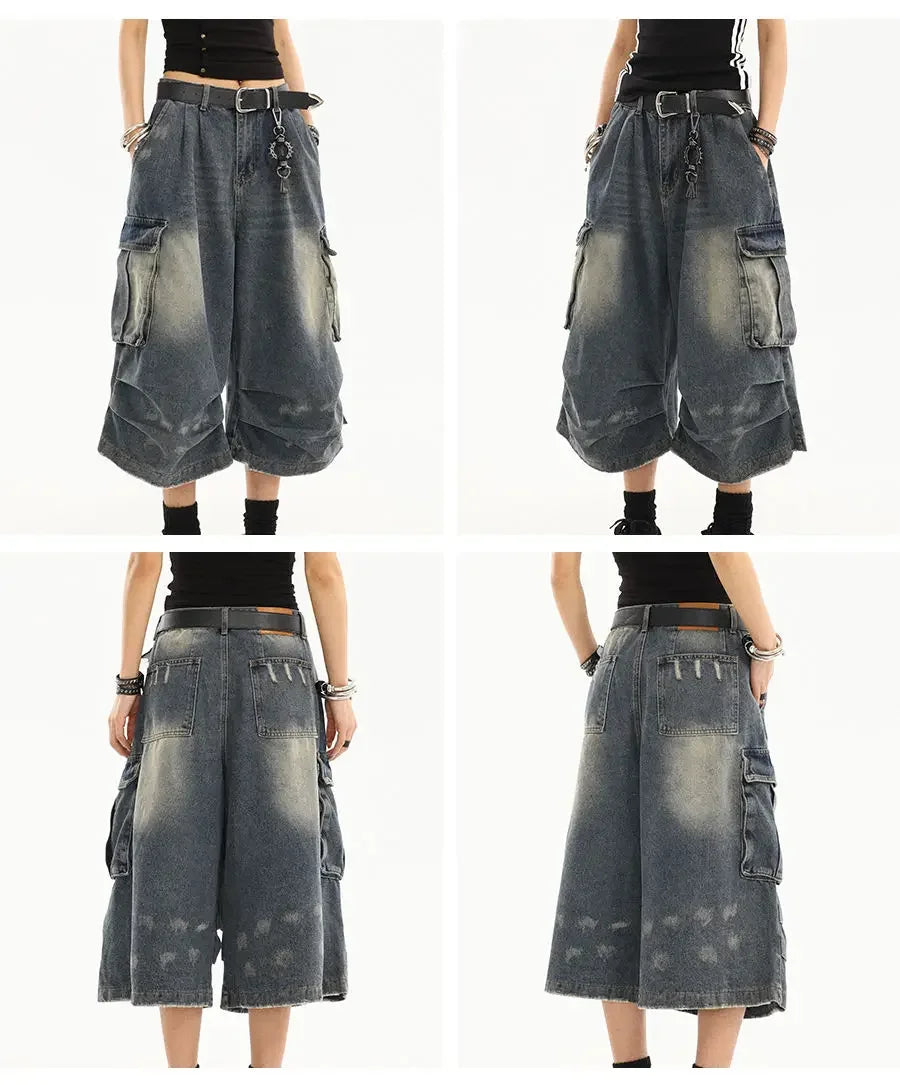 Washed Denim Cargo Shorts
