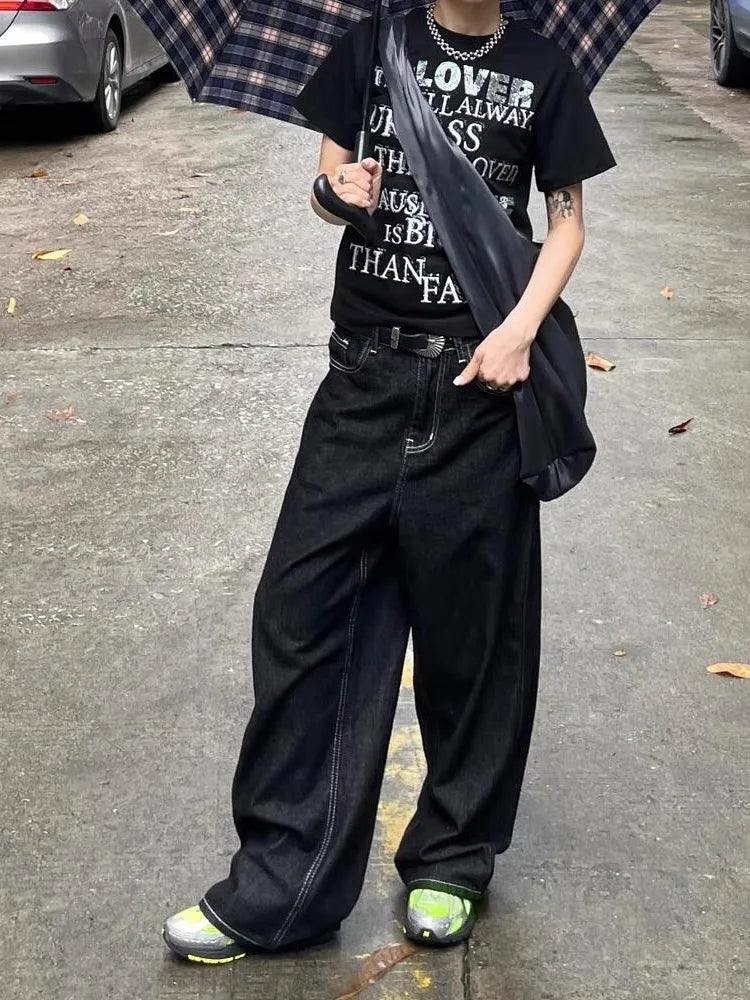 Embroidery Baggy Black Jeans