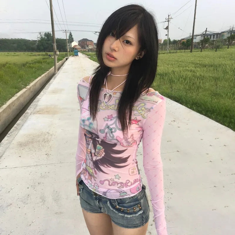 Anime Print Mesh Pink Sheer Top