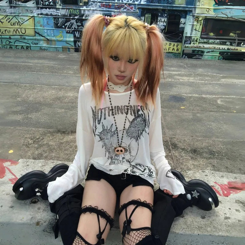 Trashy Skull Print Long Sleeve Tops