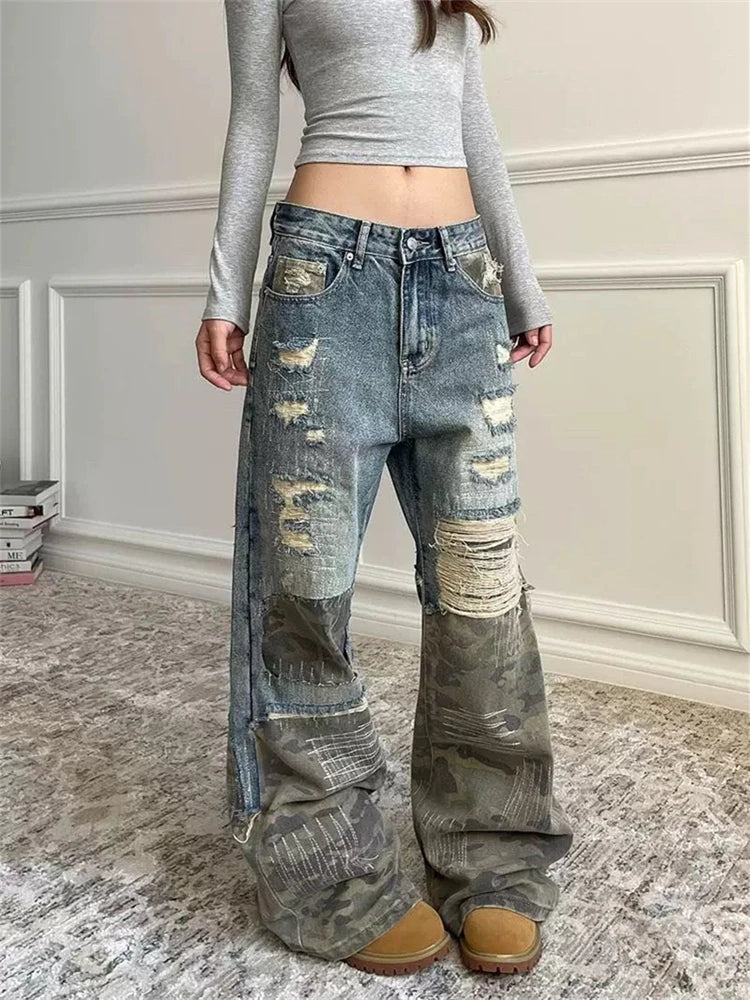 Camouflage Seam Patch Straight Jeans - PWM