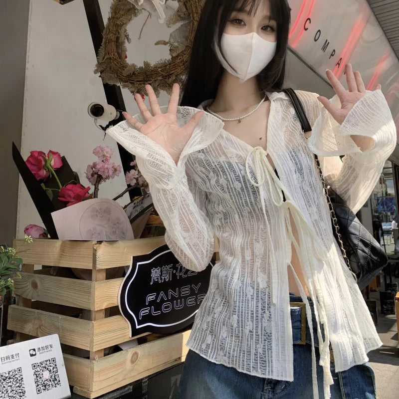 Lace Up Long Sleeve Blouse
