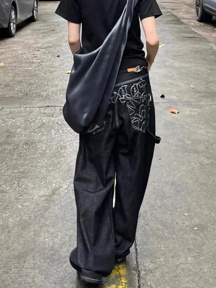 Embroidery Baggy Black Jeans
