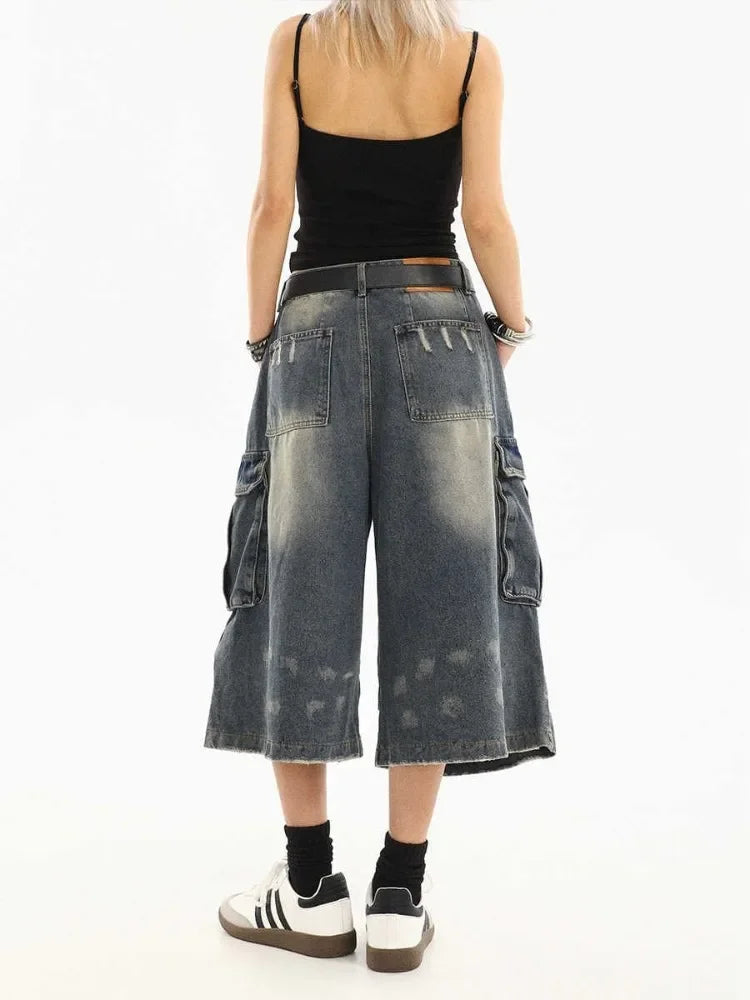 Washed Denim Cargo Shorts