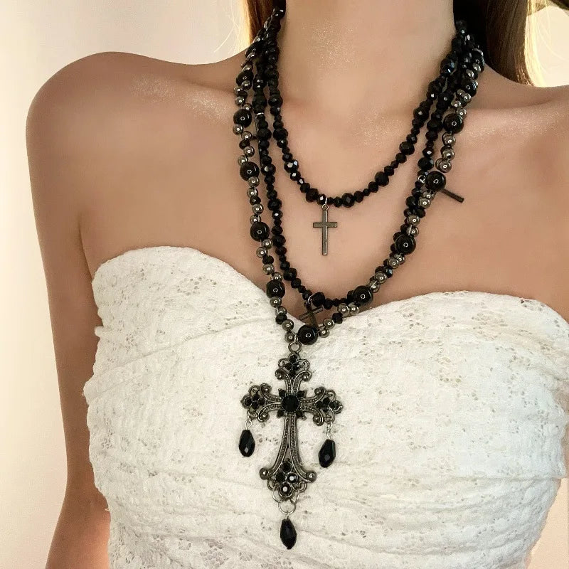 Multi Layer Cross Choker Pendant Necklace