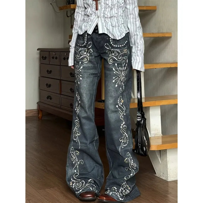 Paisley Studs Pattern Wide Leg Jeans