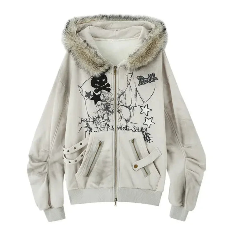 Rabbit Ears Fur Collar Zipper Hoodie