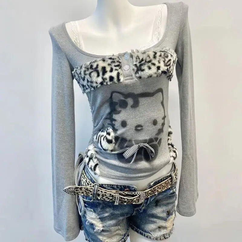 Leopard Patchwork Kitty Long Sleeve Tops
