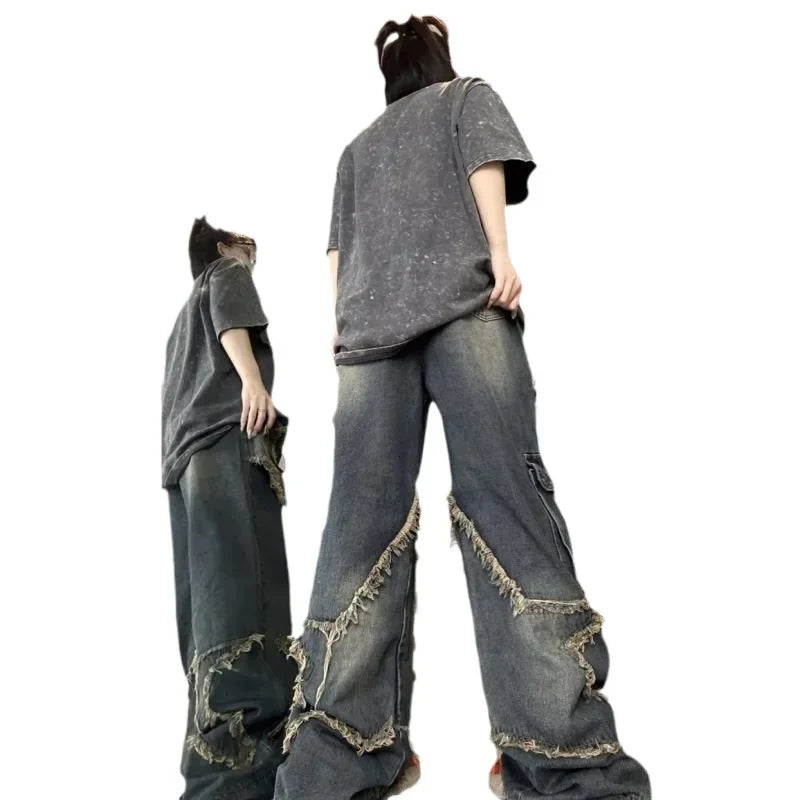 Fringe Dragging Patch Wide Jeans - PWM