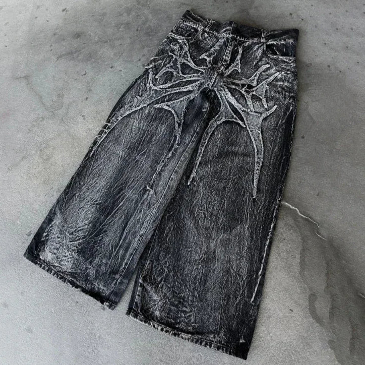 Splicing Embroidery Pattern Baggy Jeans