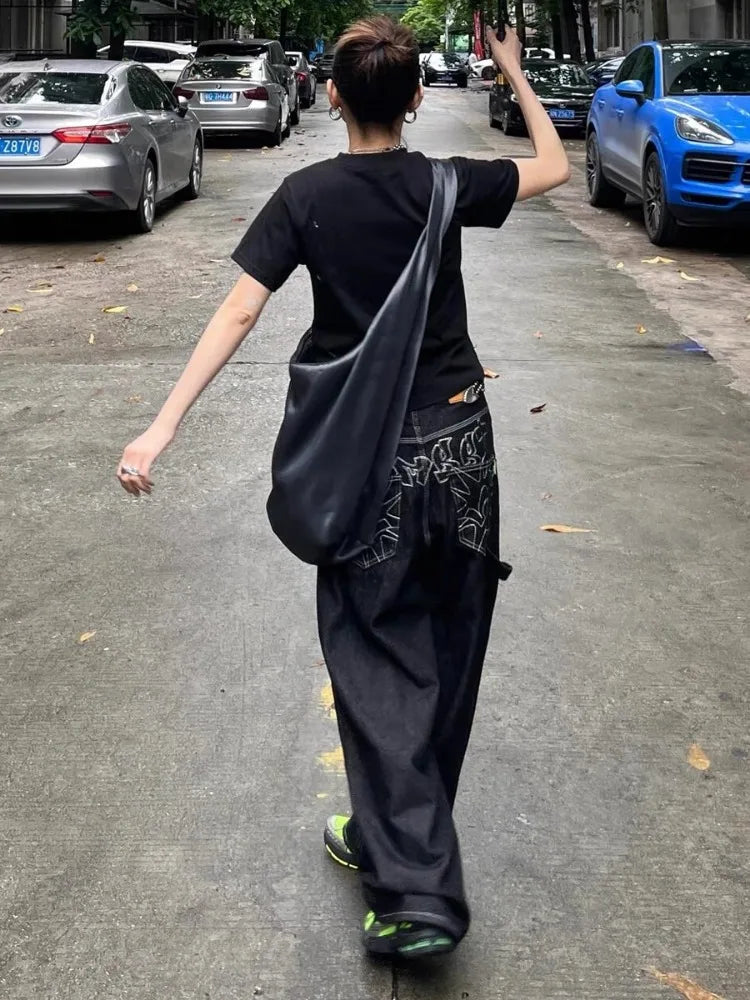 Embroidery Baggy Black Jeans