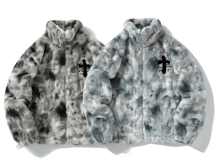 Cross Embroidery Fleece Boa Jacket