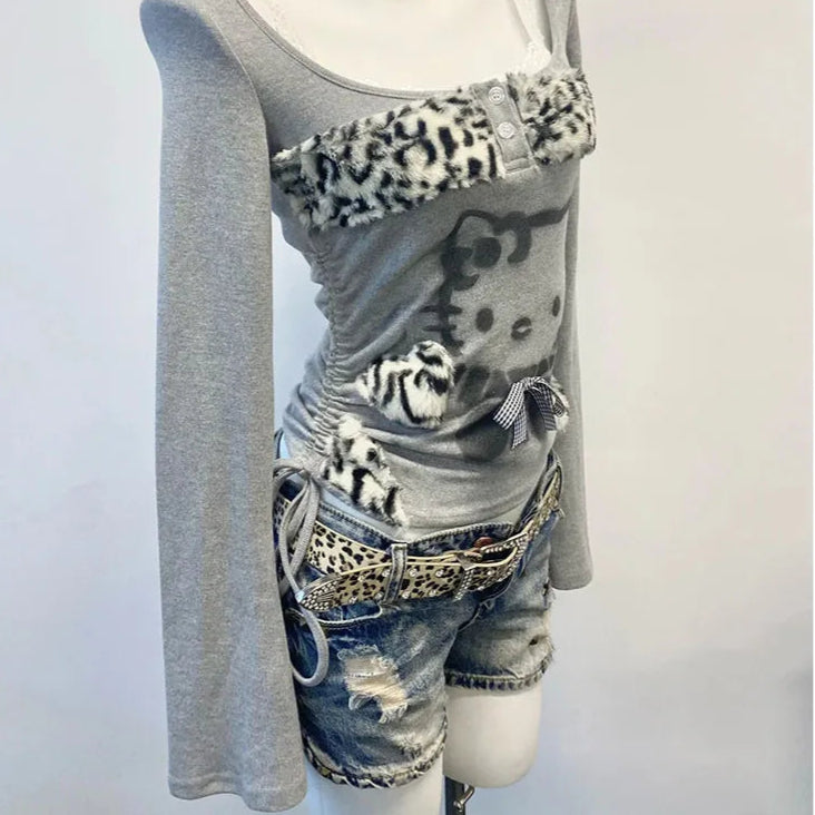 Leopard Patchwork Kitty Long Sleeve Tops