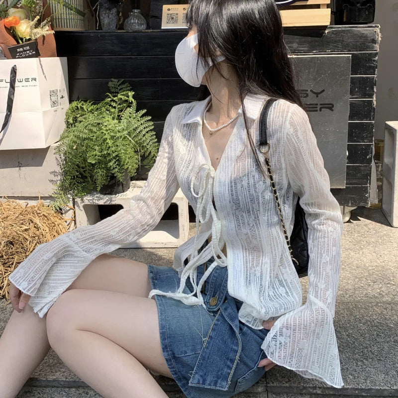 Lace Up Long Sleeve Blouse