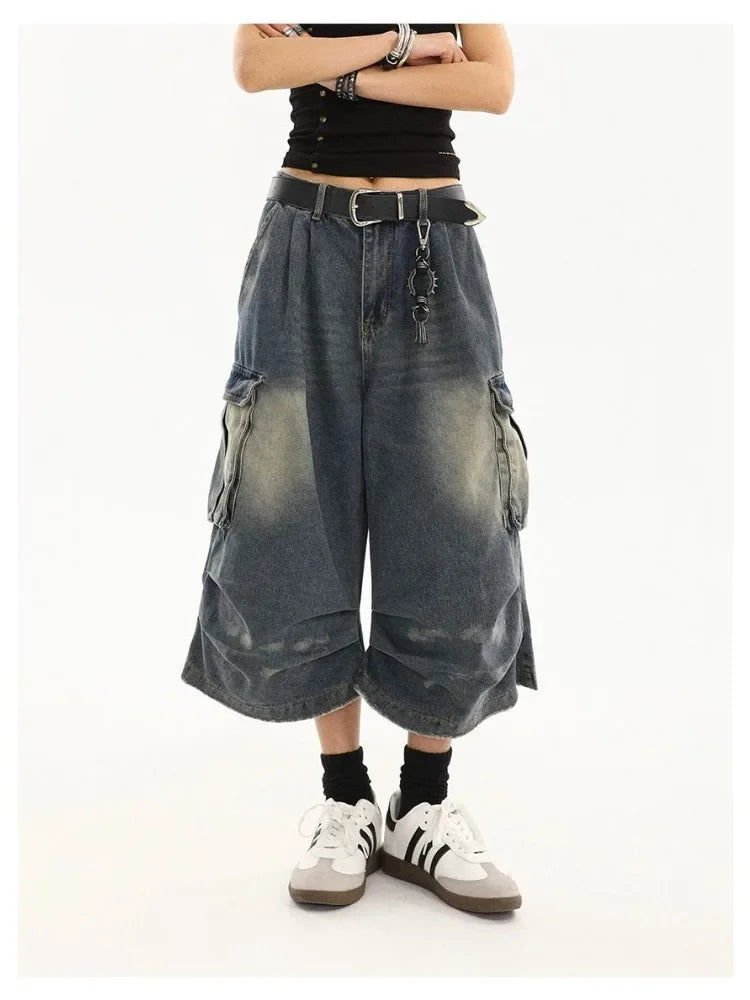 Washed Denim Cargo Shorts
