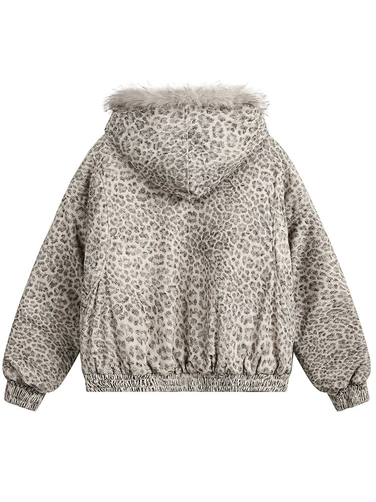 Leopard Print Fur Collar Hooded Jacket - PWM