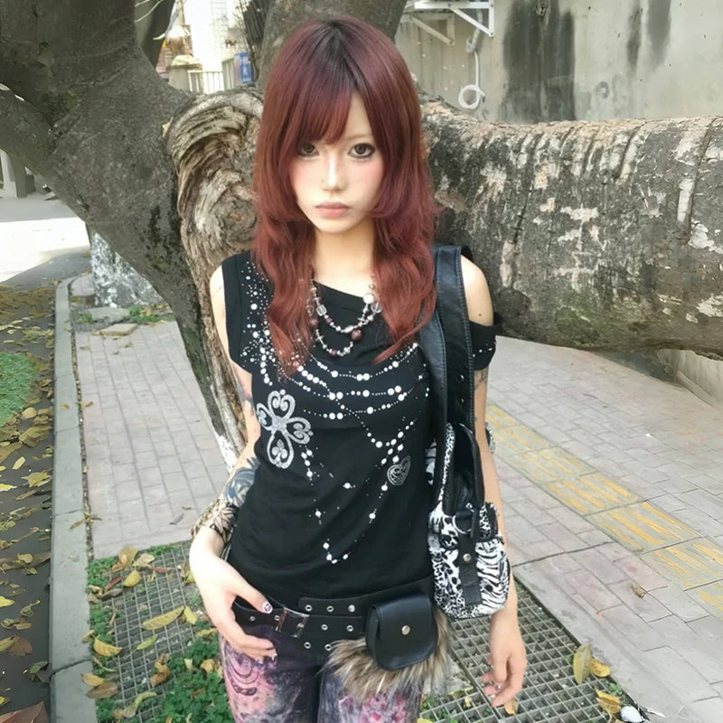Off Shoulder Rhinestones Print T-shirt
