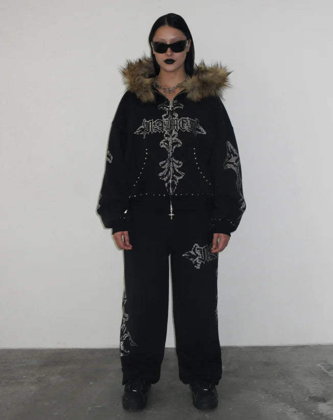 Rhinestone letter printed fur collar zipper hoodie - PWM