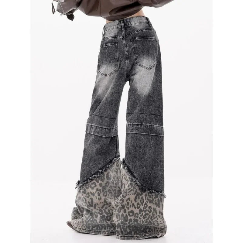 Patchwork Leopard Wide Leg Washed Jeans