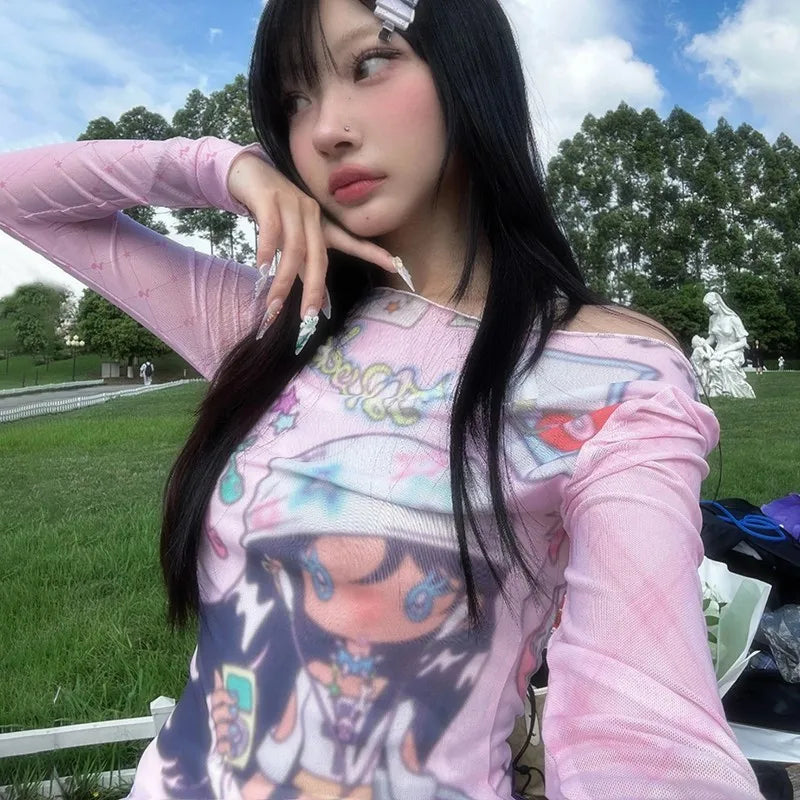 Anime Print Mesh Pink Sheer Top