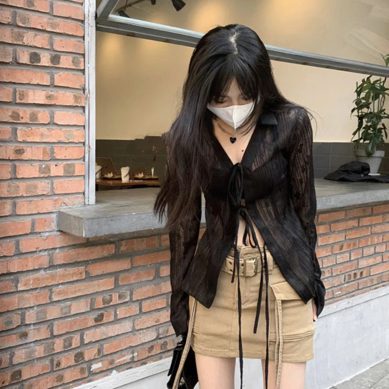 Lace Up Long Sleeve Blouse