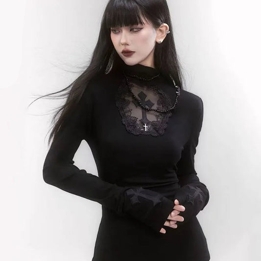 Stretch Black Gothic Cross Tops