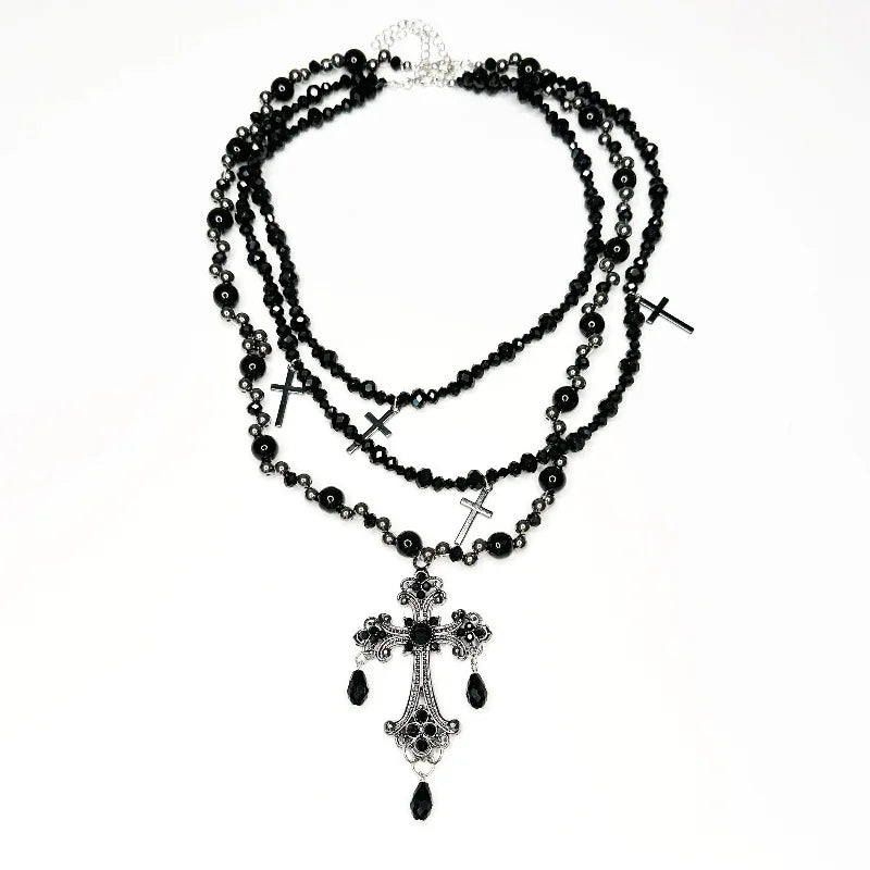 Multi Layer Cross Choker Pendant Necklace