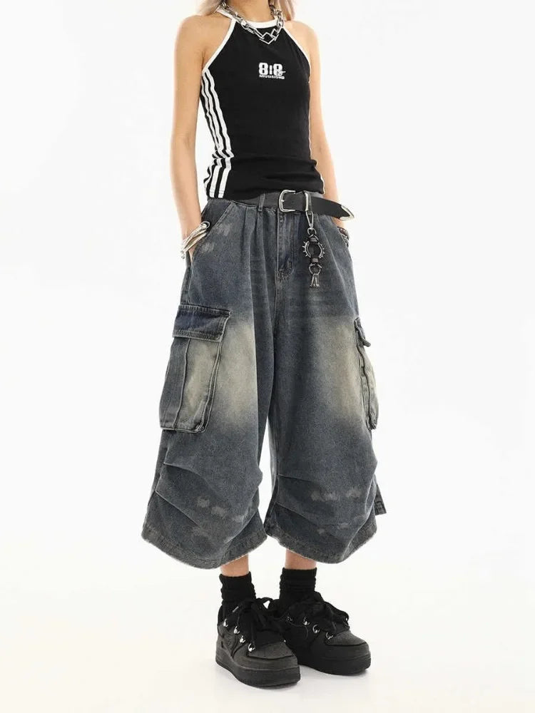 Washed Denim Cargo Shorts