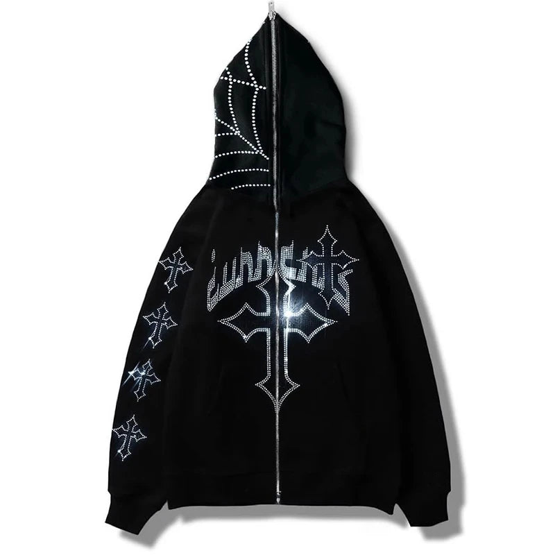 Rhinestones Cross Zipper Hoodie - PWM