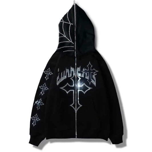 Rhinestones Cross Zipper Hoodie - PWM