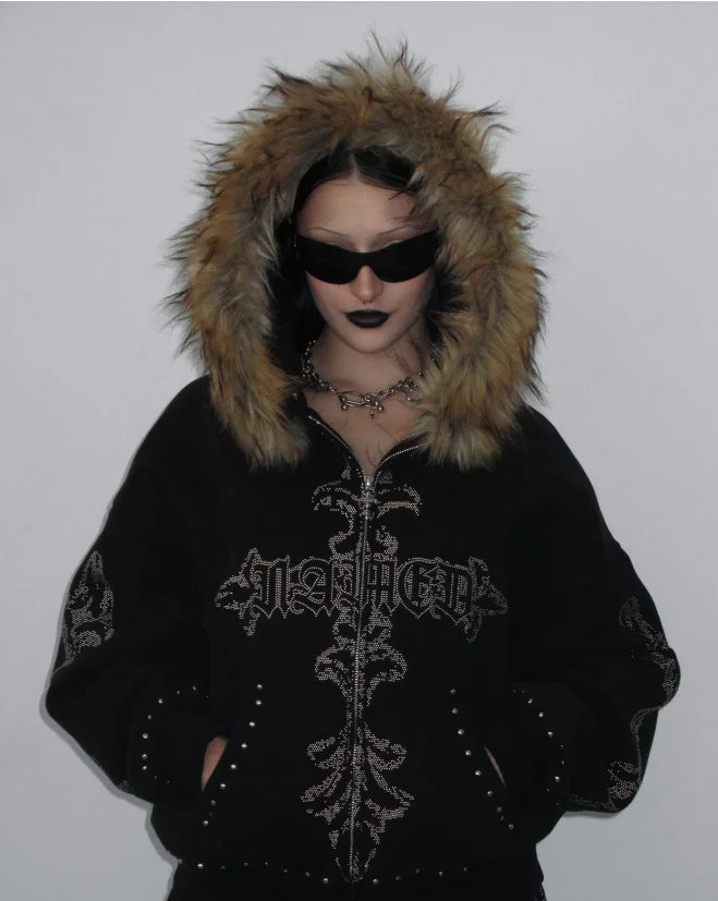 Rhinestone letter printed fur collar zipper hoodie - PWM