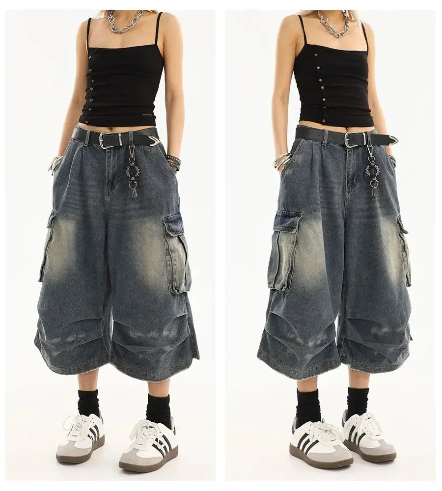 Washed Denim Cargo Shorts