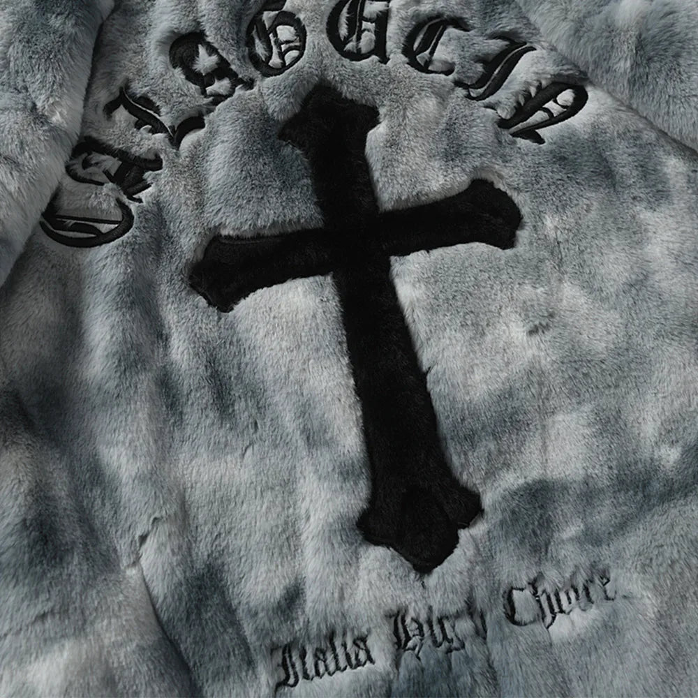 Cross Embroidery Fleece Boa Jacket
