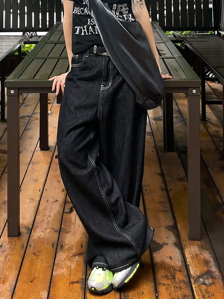 Embroidery Baggy Black Jeans