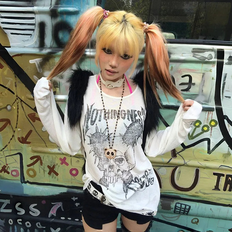 Trashy Skull Print Long Sleeve Tops