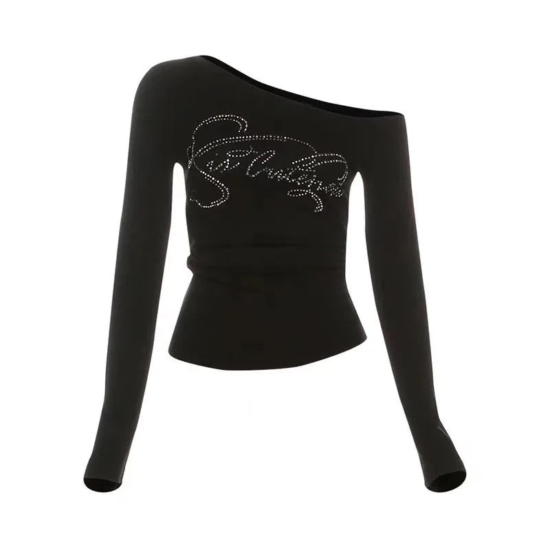 Rhinestone Letter Slim-fit Tops