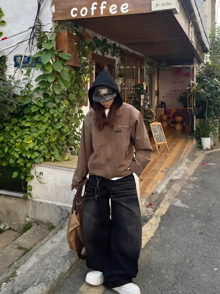 Black Embroidery Washed Baggy Jeans